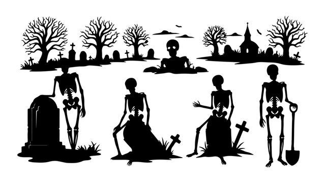 Silhouettes of Skeletons and Skeletons in a Cemetery Scene.