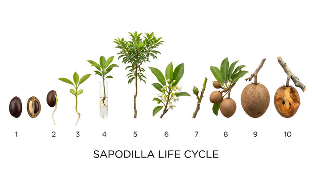 The life cycle of the sapodilla fruit, from seed to ripe fruit, illustrated in ten stages