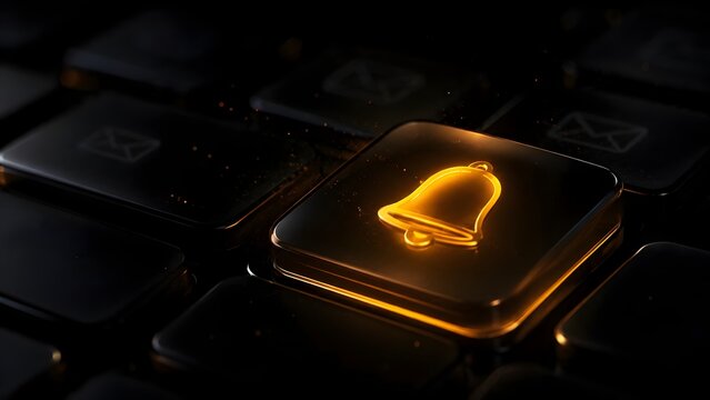 Glowing Golden Bell Notification Icon on Transparent Glass Keyboard Key Futuristic Digital Alert Concept