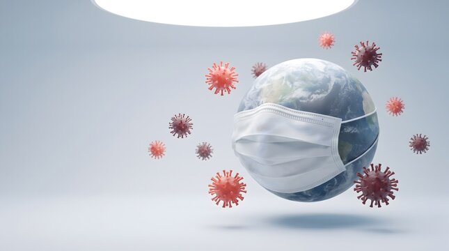 Planet Earth Wearing Medical Face Mask Surrounded by Coronavirus Molecules Concept of Global Pandemic