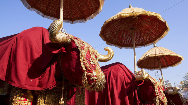 Low-angle view of richly decorated ceremonial bull effigies covered with deep red fabric, intricate golden ornaments, spiral horns and traditional parasols beneath a bright blue sk
