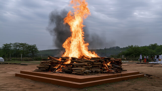 Hindu Antyesti funeral pyre burning intensely on a raised cremation platform beneath an overcast sky, tall orange flames consuming stacked wooden logs as dark smoke rises above the