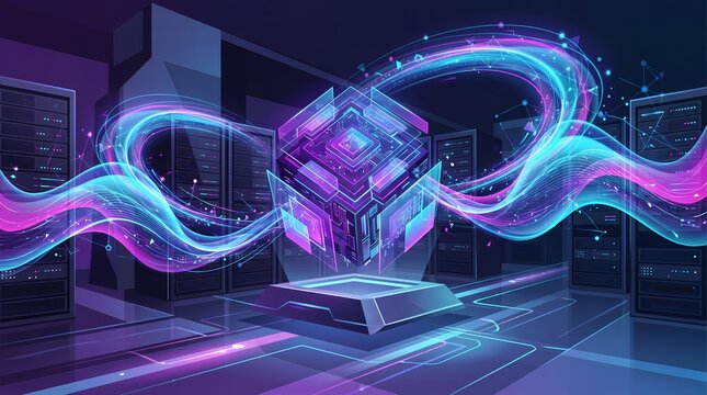 Futuristic quantum computing core in server room with glowing energy stream and artificial intelligence processor concept