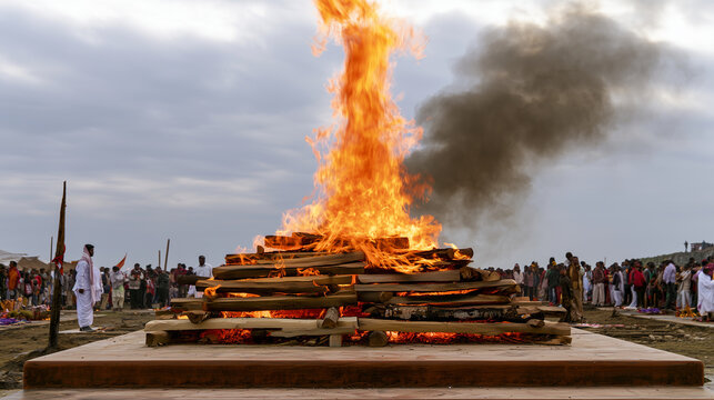Hindu Antyesti funeral pyre burning intensely on a raised cremation platform beneath an overcast sky, tall orange flames consuming stacked wooden logs as dark smoke rises above the