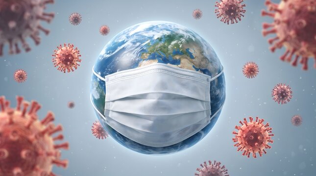 Planet Earth wearing a medical face mask surrounded by coronavirus cells representing the global pandemic and covid19 outbreak