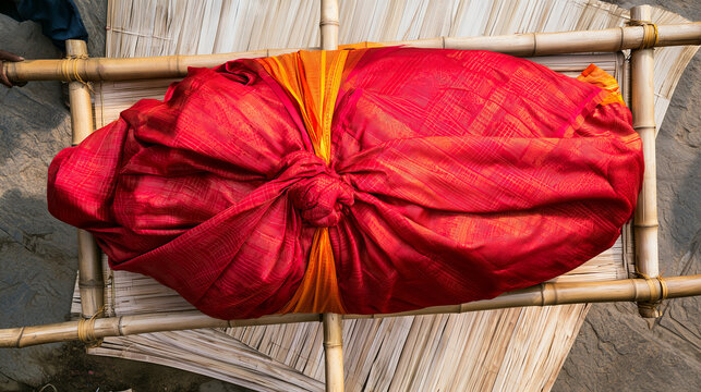 High-angle view of a fully covered body resting on a bamboo funeral stretcher, richly patterned crimson textile tied securely around the shroud with ceremonial yellow and orange de