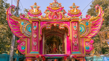 Fototapeta premium Front view of an elaborate Hindu Antyesti ceremonial structure decorated with vivid pink, gold and turquoise ornaments, intricate handcrafted patterns, wing-shaped details and a sa