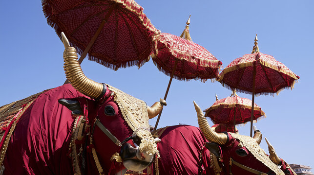 Low-angle view of richly decorated ceremonial bull effigies covered with deep red fabric, intricate golden ornaments, spiral horns and traditional parasols beneath a bright blue sk