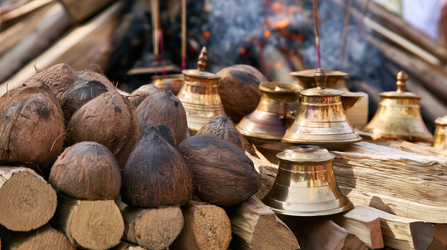 Detailed view of traditional coconuts and polished brass bells placed among neatly stacked wooden logs while incense smolders beside a ceremonial fire, Antyesti, Antim Sanskar, Hin