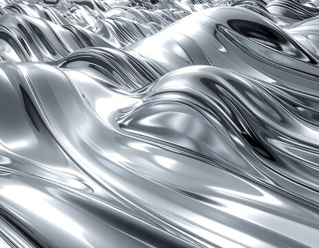 Abstract flowing chrome liquid metal waves with reflective metallic surfaces. Ideal for modern digital design and futuristic technology concepts.