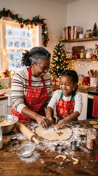 Happy grandmother and granddaughter baking christmas cookies together in kitchen with kitchen activity family bonding holiday baking