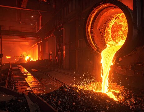 Molten metal pouring from a heavy industrial ladle inside a steel mill. Ideal for manufacturing and metallurgy concepts.