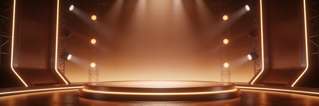 TV quiz show studio, game show stage lights, dim neon lights, soft spotlights, empty stage, brown background.