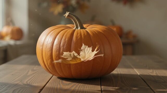 Orange Pumpkin with Autumn Maple Leaf on Rustic Wooden Table