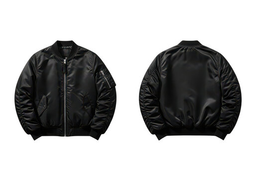 Black bomber jacket front and back view isolated on transparent background