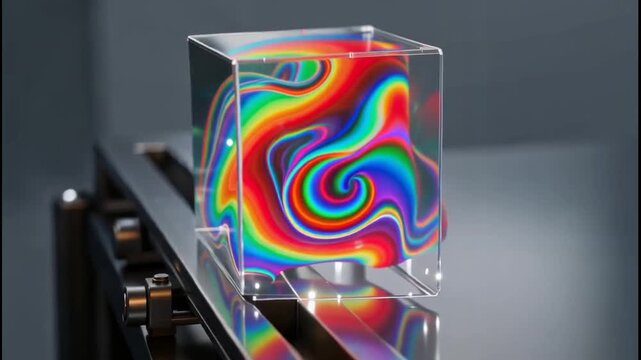 Rainbow-colored fluid swirls inside transparent cube on rotating platform