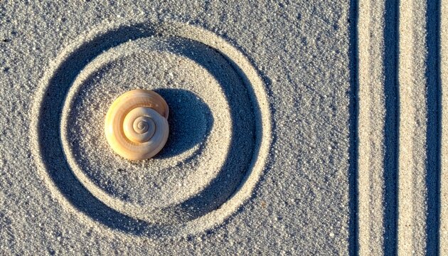 青みがかった砂の砂紋と渦巻き貝のミニマル背景