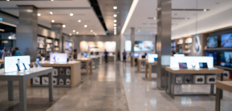 Modern electronics store interior with fully blurred displays of devices, shelves, screens, and accessories, creating a clean technology retail background with soft bokeh and copy space