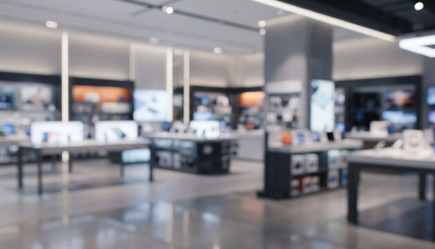 Modern electronics store interior with fully blurred displays of devices, shelves, screens, and accessories, creating a clean technology retail background with soft bokeh and copy space