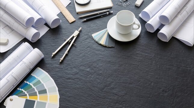 Architectural Blueprints and Material Swatches: Design Workspace and Planning Concept