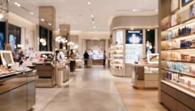 Bright beauty and cosmetics shop with fully blurred product shelves, counters, bottles, mirrors, and refined lighting, creating an elegant retail background for branding, ads, and layouts