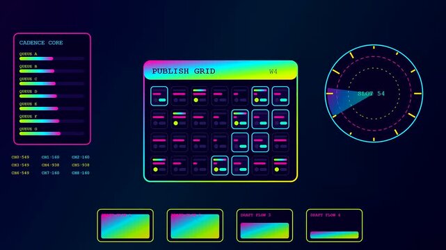 Neon glowing ui displays showing a content scheduler layout with data streams and circular radar monitors in this abstract dark digital visualization motion graphics sequence