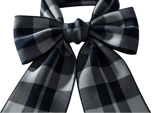 Black and white plaid fabric ribbon bow tie isolated on transparent background