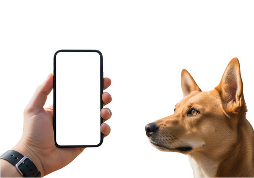 Person holding a smartphone with a cute dog looking at it isolated on transparent background