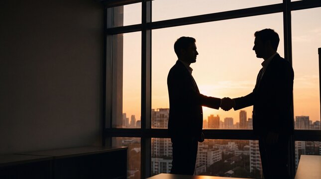 Two businessmen shaking hands in silhouette, business deal and partnership at sunset