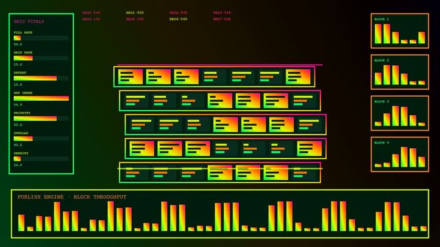 a content scheduler interface displays oscillating digital metrics and data streams on a dark screen showing complex patterns of bars within a software control hub