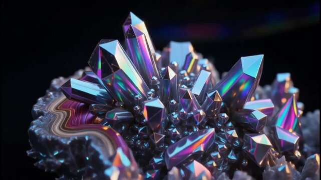 Iridescent crystal cluster growing on colorful banded geode surface with rainbow light refraction
