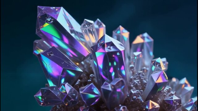 Iridescent crystal cluster with rainbow reflections rotating against dark gradient background