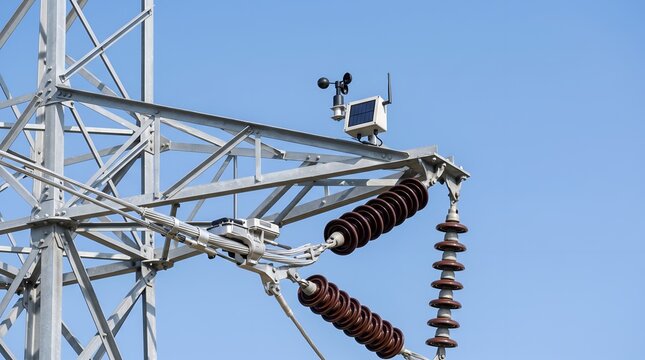 Metal electricity pylon structure with weather station sensor device and ceramic insulators against clear blue sky