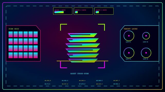 A digital content scheduler interface displaying multiple layered geometric shapes within a dark neon glowing frame that monitors data flow across three distinct screen panel views