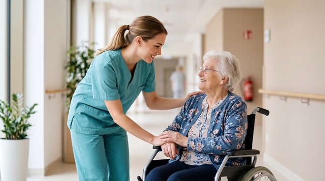Caregiver comforting elderly patient in wheelchair