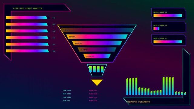 a content scheduler interface displays complex neon data metrics with flowing graphical charts and dynamic funnel diagrams in a glowing digital environment for analytical research