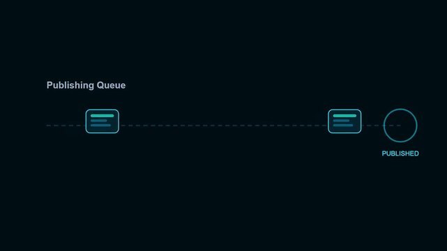 A content scheduler sequence visualizes digital workflow progress as rectangular icons move along a dashed line toward a circular target against a dark navy blue backdrop