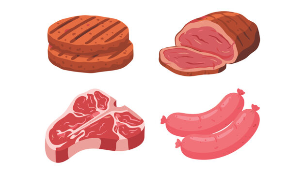 Raw and grilled meat vector collection featuring steak t-bone beef roast burgers sausages bbq ingredients isolated graphic icons