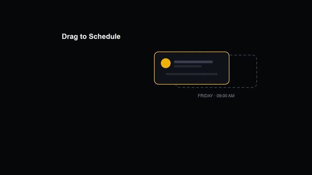 A digital content scheduler user interface demonstrating the process of grabbing a dark rectangular element to move it into a dotted outline placeholder on display