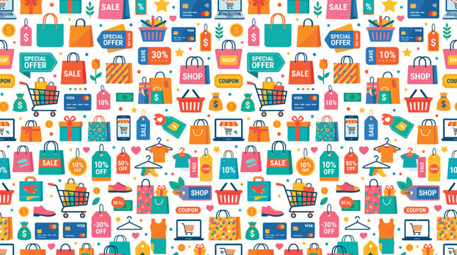 Colorful flat vector seamless pattern with shopping bags credit cards discount tags and e-commerce retail marketing icons for commercial web design