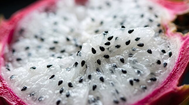 Macro Close-up of Fresh White Dragon Fruit with Black Seeds