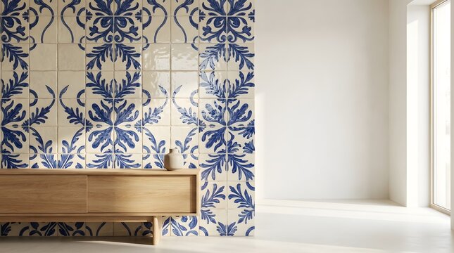 Blue and white floral patterned tiles with wooden cabinet