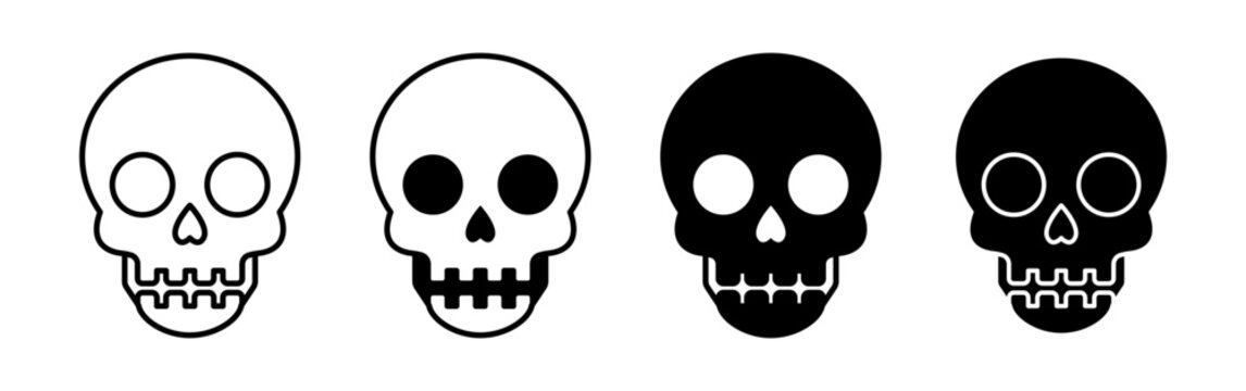 Set of four distinct skull icons featuring various outline and solid black design styles.