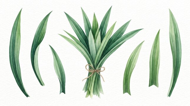 Watercolor Pandan Leaf Botanical Illustration Set Tropical Aromatic Plant