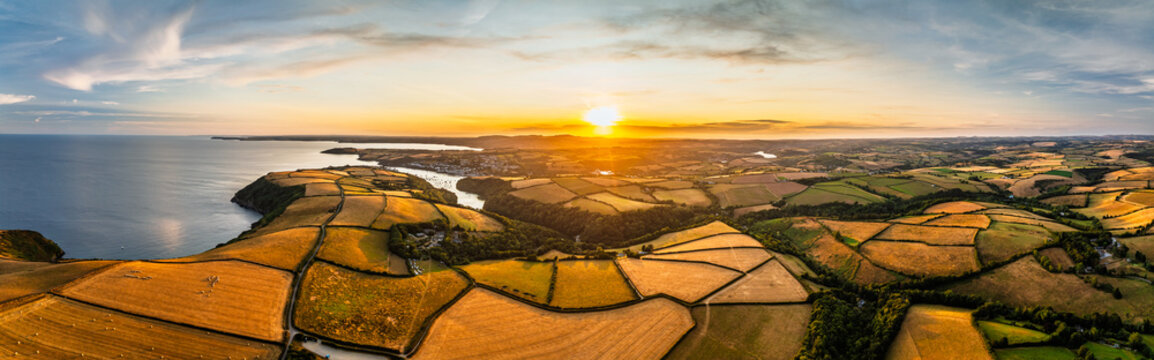 Sunset over Cornwall Fields and Farms from a drone, Polruan, Cornwall, England
