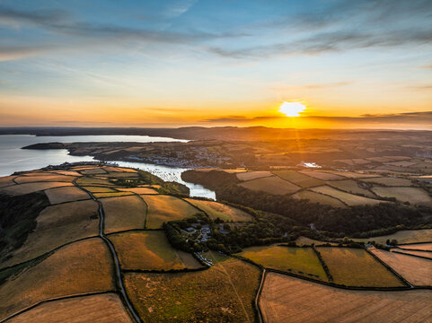 Sunset over Cornwall Fields and Farms from a drone, Polruan, Cornwall, England
