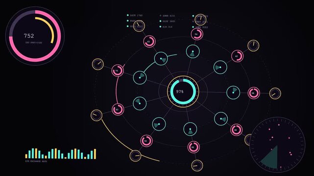 Cleanroom assembly data displayed in a dynamic digital interface showing circular radar graphs and glowing metrics for monitoring industrial systems within a dark futuristic computer dashboard