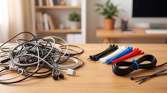 Tangled messy cables beside organized zip ties and coiled wire representing decluttering organization and workspace management concept