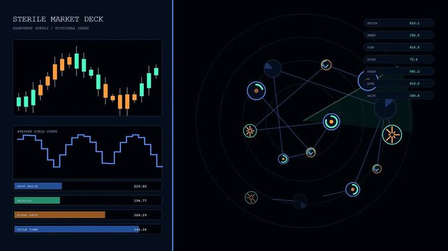 A digital cleanroom assembly interface displays animated data visualizations on a dark screen showing complex graphs and motion charts for professional financial or technical analytical monitoring