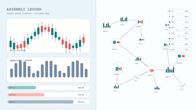 digital interface showing cleanroom assembly analytics with live financial charts and network nodes tracking production performance metrics displayed on a smooth light blue monitor screen